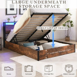 Lift-up Storage Bed Frame, Full Size Bed Frame With Bookcase Headboard & LED Lights, Wooden Platform Bed Frame With Charging Station, No Spring Box Needed, Rustic Brown