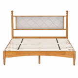 Wooden Bed Frame With Upholstered Headboard In Fabric, Solid Rubberwood With Wooden Central Support