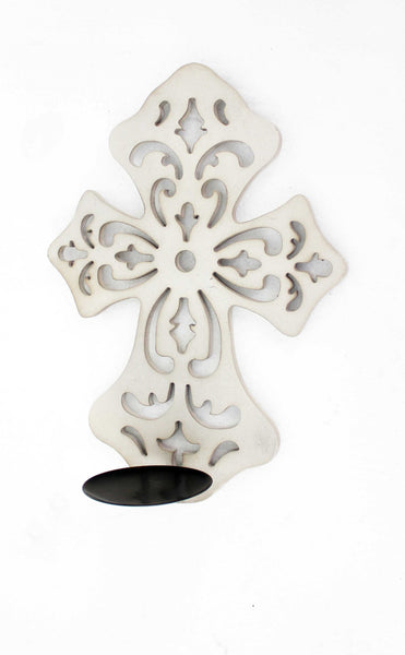 15.5 x 5 x 11 White Wooden Cross - Candle Holder Sconce