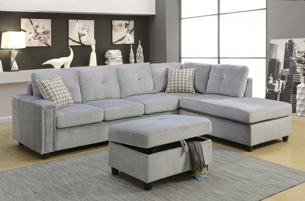 78' X 33' X 36' Gray Velvet Reversible Sectional Sofa With Pillows