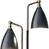 Matte Black Metal and Antique Brass Two Light Adjustable Table Lamp
