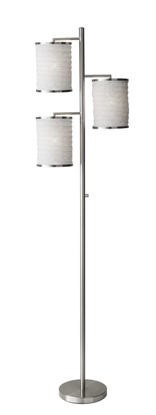 Three Light Floor Lamp Brushed Steel with White Fabric Lanterns