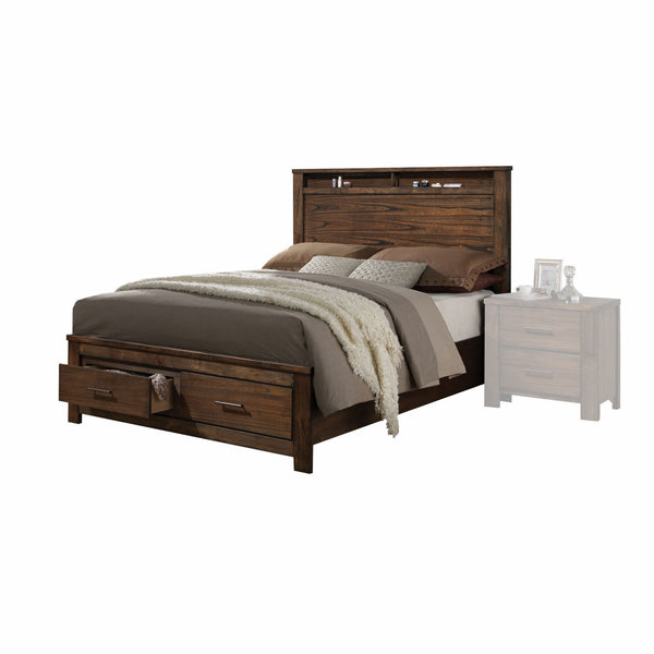 Oak Finish Queen Bed with  Storage Headboard and Footboard