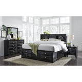 Black Veneer Queen Bed with bookcase headboard  10 drawers