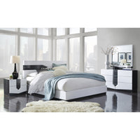 White Tone Queen Bed with Dark Grey Zebrano details On Headboard and Bottom Rail Accent