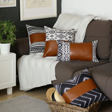 Set of 2 Ikat Styled Patterns and Bright Brown Faux Leather Pillow Covers