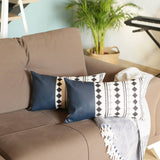 Set of 2 Diamond Patterns and Navy Blue Faux Leather Lumbar Pillow Covers