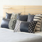 Set of 2 Diamond Patterns and Navy Blue Faux Leather Lumbar Pillow Covers