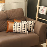 Set of 2 Diamond Patterned and Brown Faux Leather Lumbar Pillow Covers