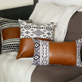 Set of 2 Semi Brown Faux Leather and Eclectic Geometric Patterns Pillow Covers