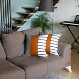 Set of 2 Monochromic Stripe Ends and Brown Faux Leather Lumbar Pillow Covers