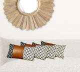 Set of 4 Black and White Reverse with Faux Leather Lumbar Pillow Covers