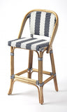 Blue and White Striped Rattan Bar Stool