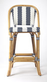 Blue and White Striped Rattan Bar Stool