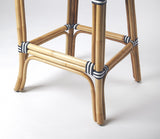 Blue and White Striped Rattan Bar Stool