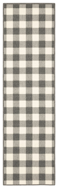 2?x8? Gray and Ivory Gingham Indoor Outdoor Runner Rug