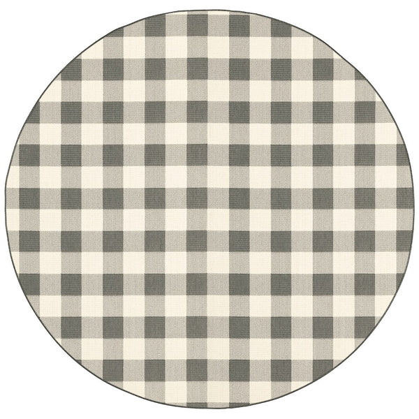 8? Round Gray and Ivory Gingham Indoor Outdoor Area Rug