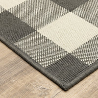 8? Round Gray and Ivory Gingham Indoor Outdoor Area Rug