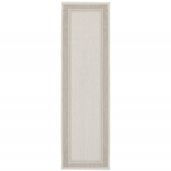 2?x7? Ivory and Gray Bordered Indoor Outdoor Runner Rug