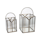 Set of Two Gold Metal and Glass Lanterns