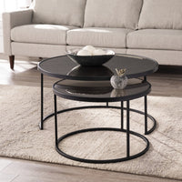 Set of Two Black And Silver Mirrored Round Nested Coffee Table Set