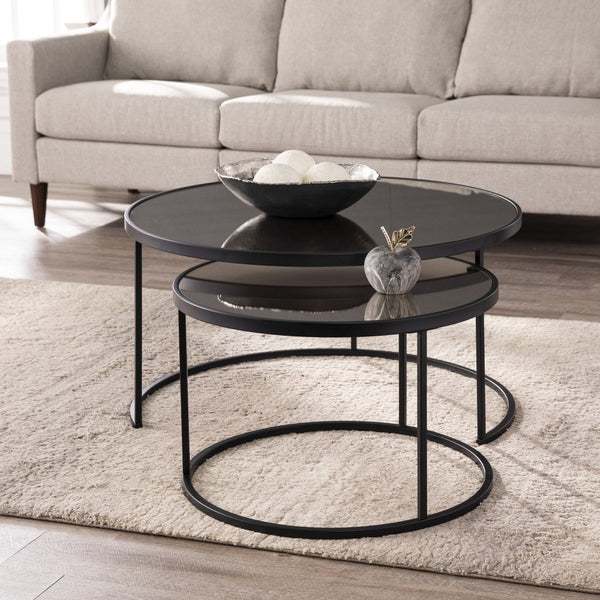 Set of Two Black And Silver Mirrored Round Nested Coffee Table Set
