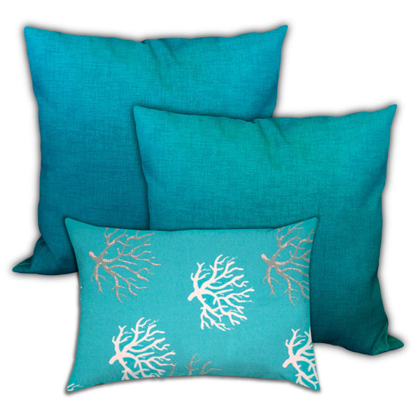 Set of 3 Aqua Reefs Indoor Outdoor Zippered Pillow Covers