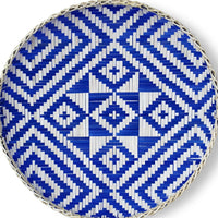 20" Blue and Natural Wicker Round  Geo Arrow Handmade Basket Tray