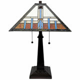 23" Cream Amber and Teal Stained Glass Two Light Mission Style Table Lamp