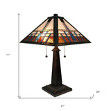 23" Cream Amber and Teal Stained Glass Two Light Mission Style Table Lamp