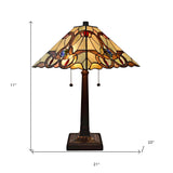 23" Cream Red and Blue Stained Glass Handcrafted Jeweled Two Light Mission Style Table Lamp