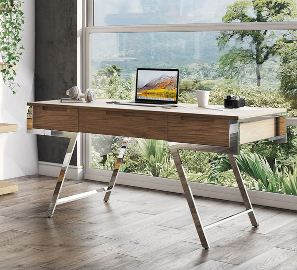 63" Walnut and Chrome Rectangular Writing Desk With Three Drawers
