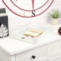 16" White Silver Rectangular Wood Handmade Tray With Handles