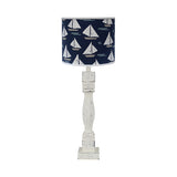 30" Distressed White Candlestick Table Lamp With Navy Sailboat Shade