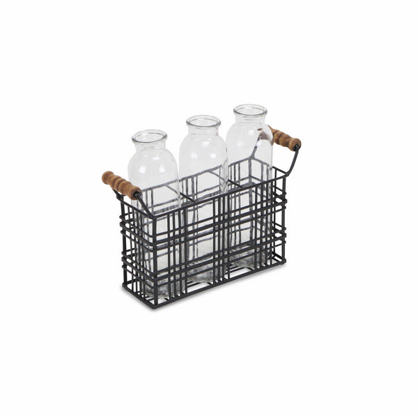 8" Set of Three Glass Bottles in Black Wire Basket