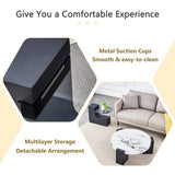 Modern Simple Double-Layer Round Coffee Table - Transparent Gray Glass Top With Black MDF L-Shaped Legs.The Detachable Design Can Make The Use Of Space More Flexible