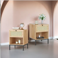 Wooden Nightstand With Woven Rattan Drawer Front - Stylish & Functional, Perfect For Home Decor