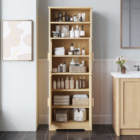 4-door, 6-story Display Cabinet With Rattan Surface And Triamine Board Veneer, In Natural Wood Color