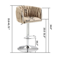 360 Fabric Cover Swivel Bar Stools Set Of 2, Adjustable Counter Height Bar Chairs With Woven Back & Footrest, Silver Chromed Bar Stools For Kitchen Island, Cafe, Pub