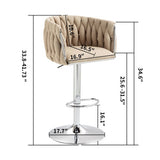 360 Fabric Cover Swivel Bar Stools Set Of 2, Adjustable Counter Height Bar Chairs With Woven Back & Footrest, Silver Chromed Bar Stools For Kitchen Island, Cafe, Pub
