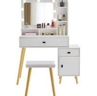 Dressing Table With Hollywood LED Mirror, Light Adjustable Brightness, Dressing Table, Padded Stool Set, White, Wooden Cosmetic Table With Drawer And Storage Cabinet