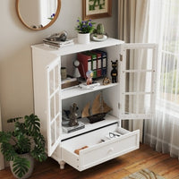 Minimalist White Buffet Cabinet With Double Glass Doors And Drawer, Modern Wooden Storage Sideboard Cupboard For Living Room, Dining Room Hallway Entryway