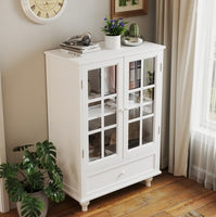 Minimalist White Buffet Cabinet With Double Glass Doors And Drawer, Modern Wooden Storage Sideboard Cupboard For Living Room, Dining Room Hallway Entryway