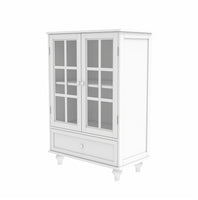 Minimalist White Buffet Cabinet With Double Glass Doors And Drawer, Modern Wooden Storage Sideboard Cupboard For Living Room, Dining Room Hallway Entryway