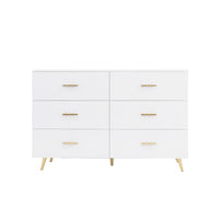 High Glossy Surface 6 Drawers Chest Of Drawer With Golden Handle And Golden Steel Legs White Color Vanity