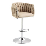 360 Fabric Cover Swivel Bar Stools Set Of 2, Adjustable Counter Height Bar Chairs With Woven Back & Footrest, Silver Chromed Bar Stools For Kitchen Island, Cafe, Pub