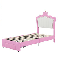 Twin Size Upholstered Bed Frame With LED Lights, Modern Upholstered Princess Bed With Crown Headboard, A Drawer