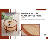 Modern Minimalist Circular Double Layer Solid Wood Coffee Table  Craft Glass Tabletop Second Layer Material PE Rattan, Solid Wood Frame 34.6 X34.6x 17.7