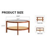 Modern Minimalist Circular Double Layer Solid Wood Coffee Table  Craft Glass Tabletop Second Layer Material PE Rattan, Solid Wood Frame 34.6 X34.6x 17.7
