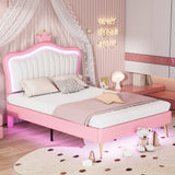 Full Size Upholstered Bed Frame With LED Lights & Crown Headboard